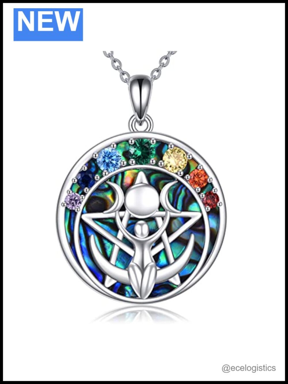 Sterling Silver Chakra Moon Pentagram Pendant Necklace Wiccan Amulet